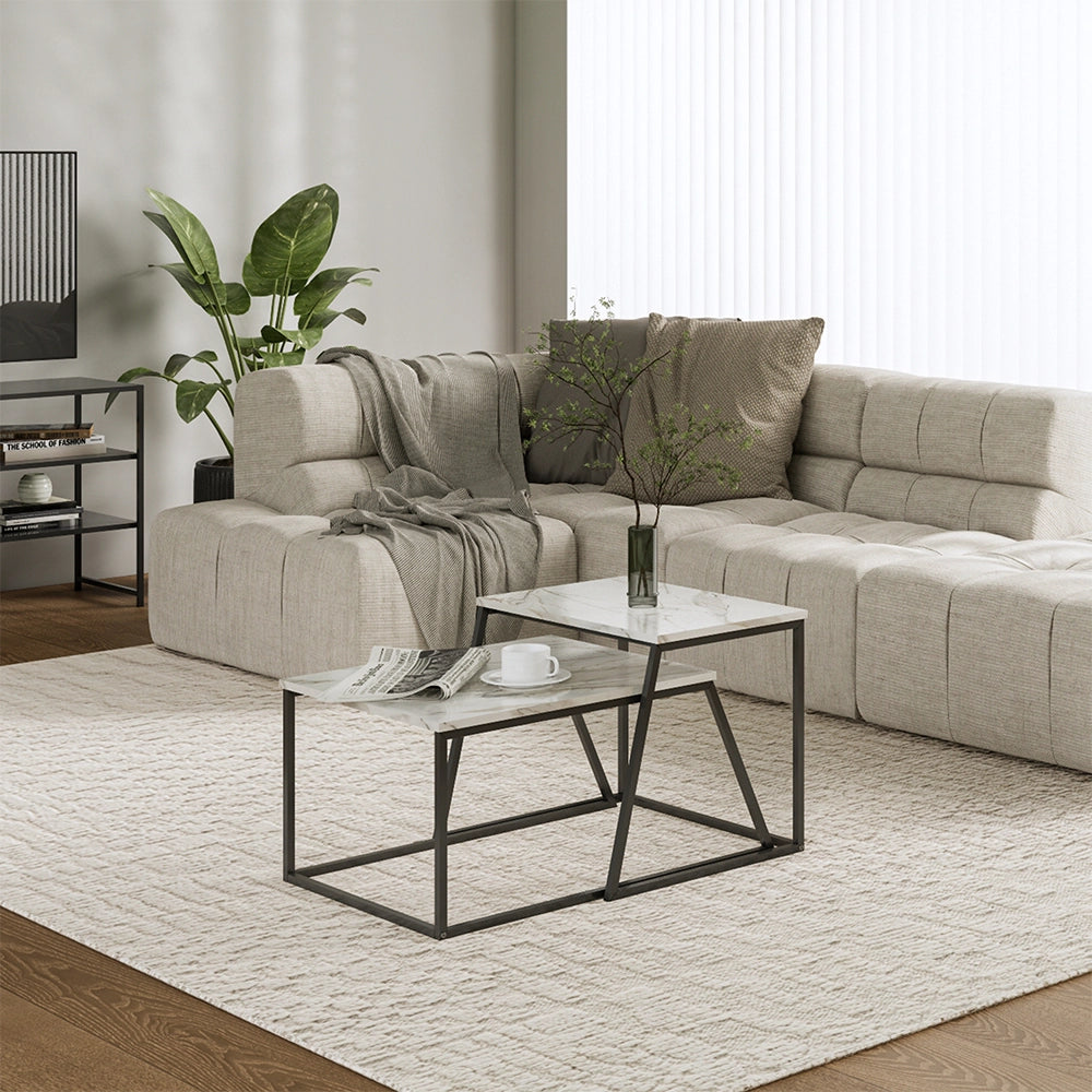 Vicco Tavolino da divano Nero/marmo-bianco 60 x 50 cm 2 parti