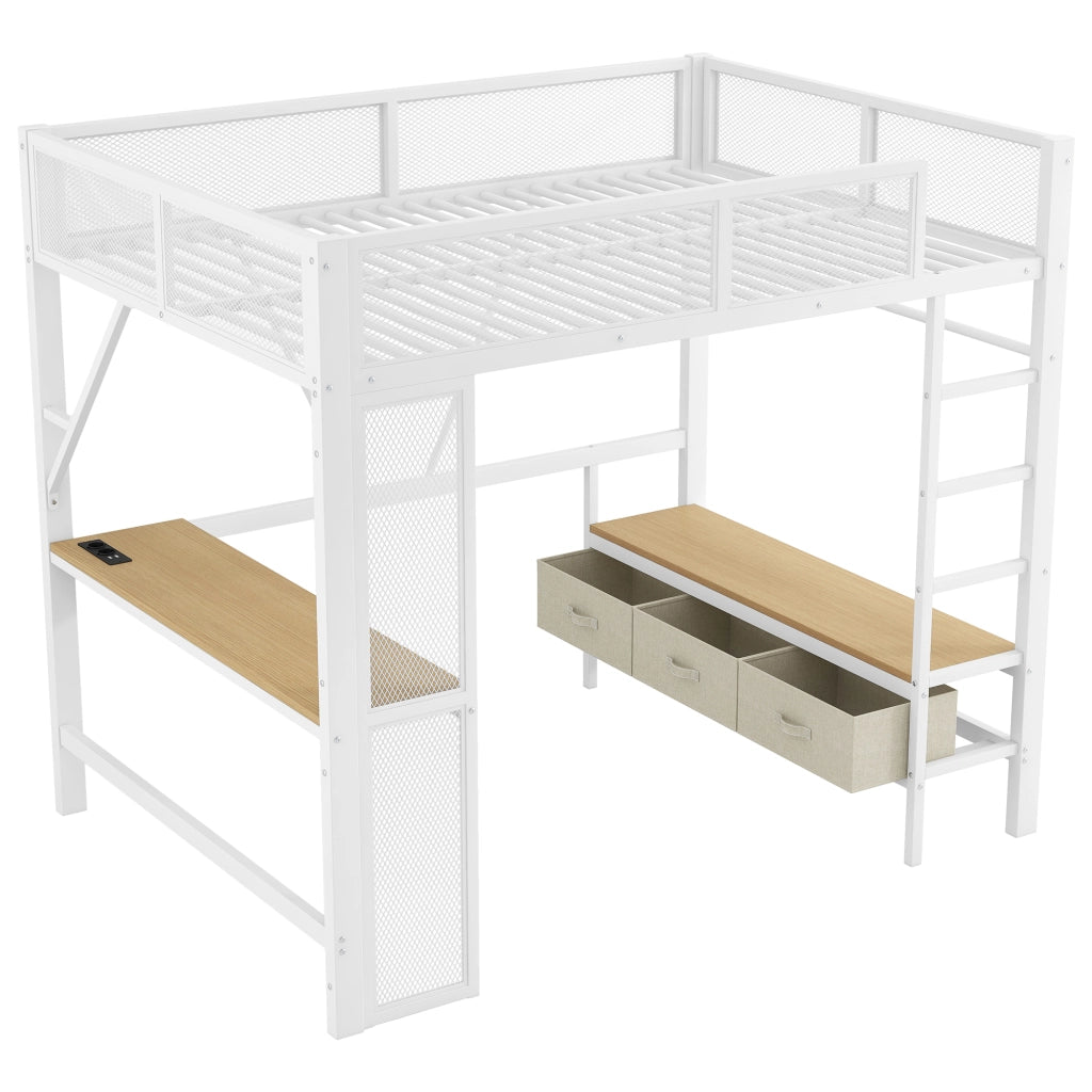 Letto a castello metallo bianco con scrivania led usb e 3 cassetti 140x200 cm
