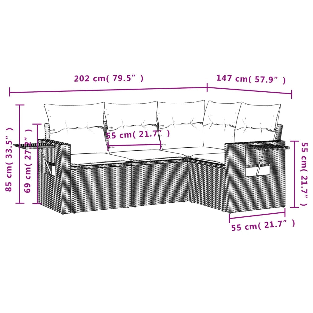 Set Divano da Giardino 4 pz con Cuscini-Sofa da Giardino-Divanetto da esterno Beige in Polyrattan 605384