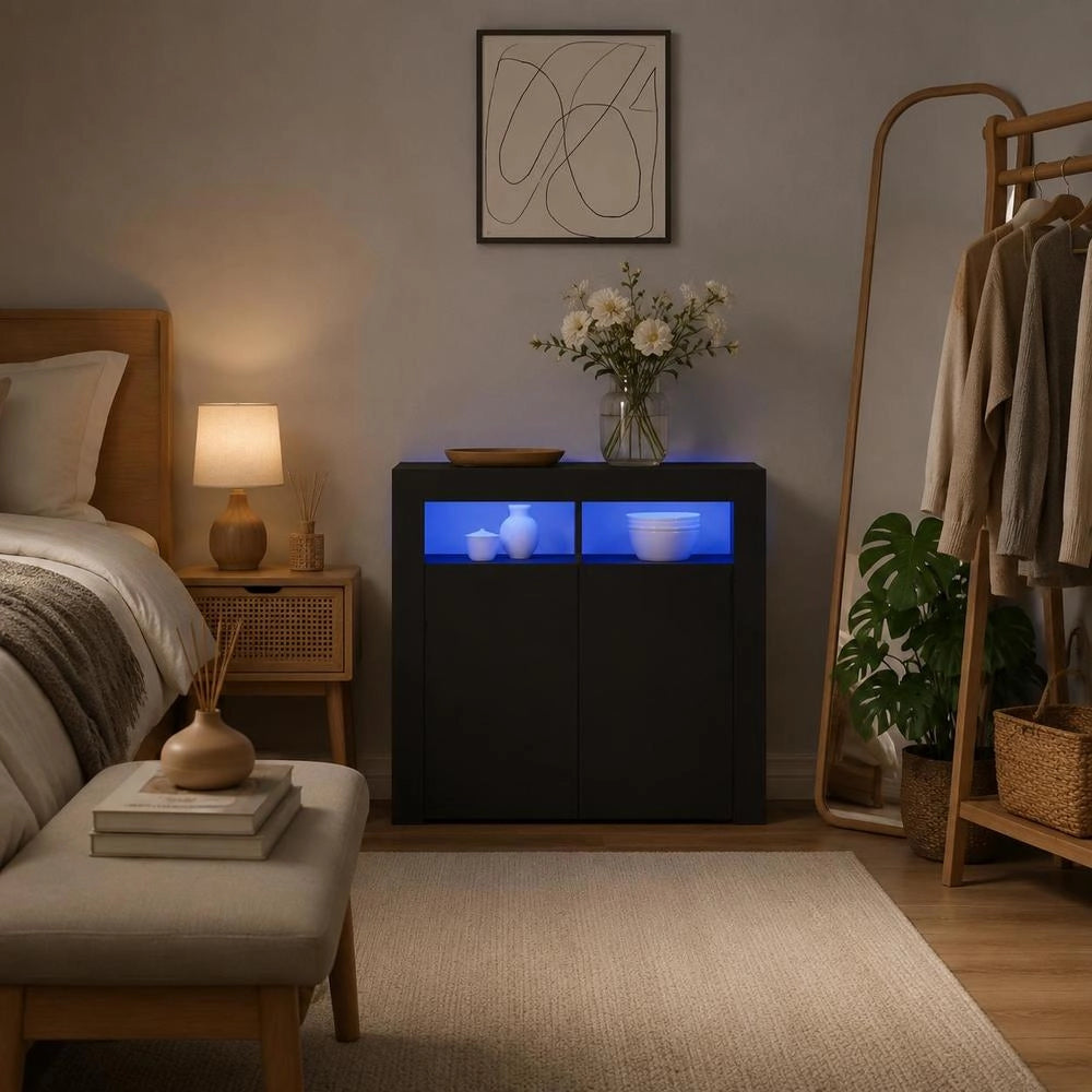 Sideboard With LED Lights, Black, 80x35x75 Cm