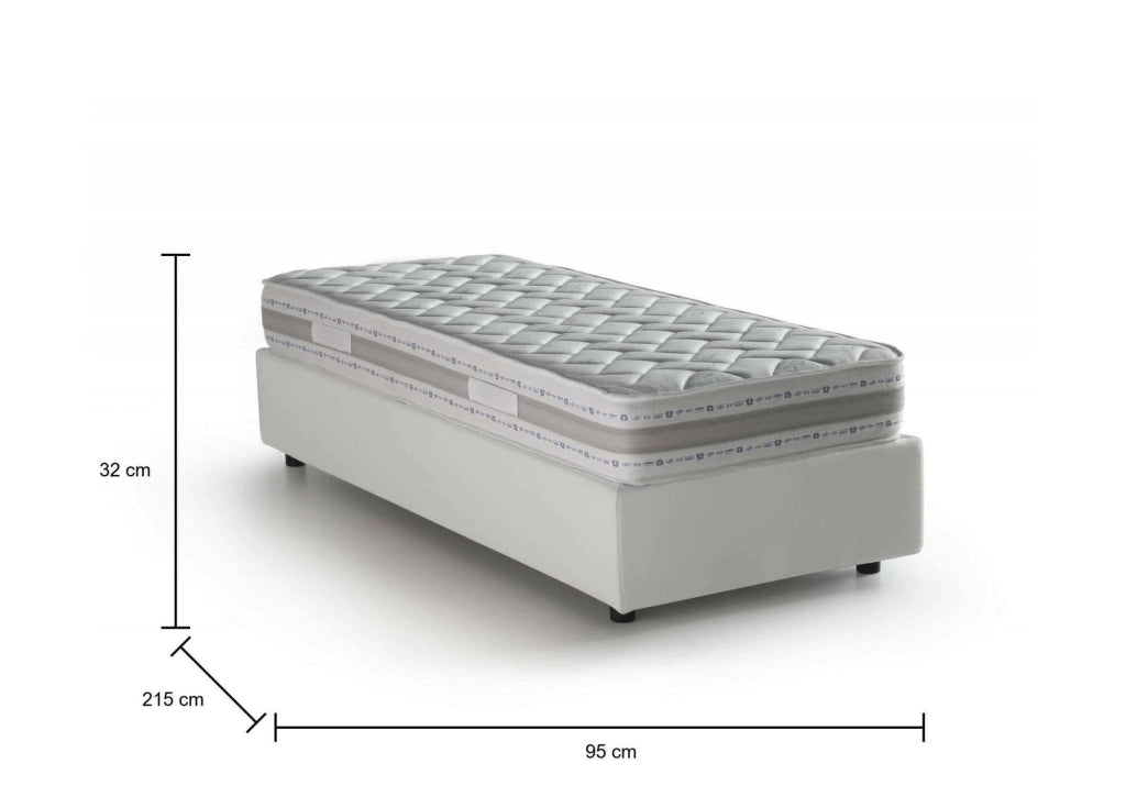 Letto singolo Abruzzo, Letto contenitore con rivestimento in ecopelle, Made in Italy, Apertura frontale, con materasso cm 80x200 incluso, Bianco