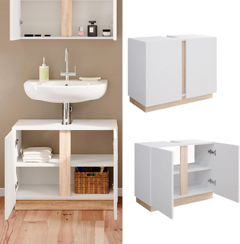 Mobile sottolavabo per bagno Gloria, Bianco, 70.4 x 55.5 cm con 2 porte, con apertura per sifone e compatibile con la serie Gloria