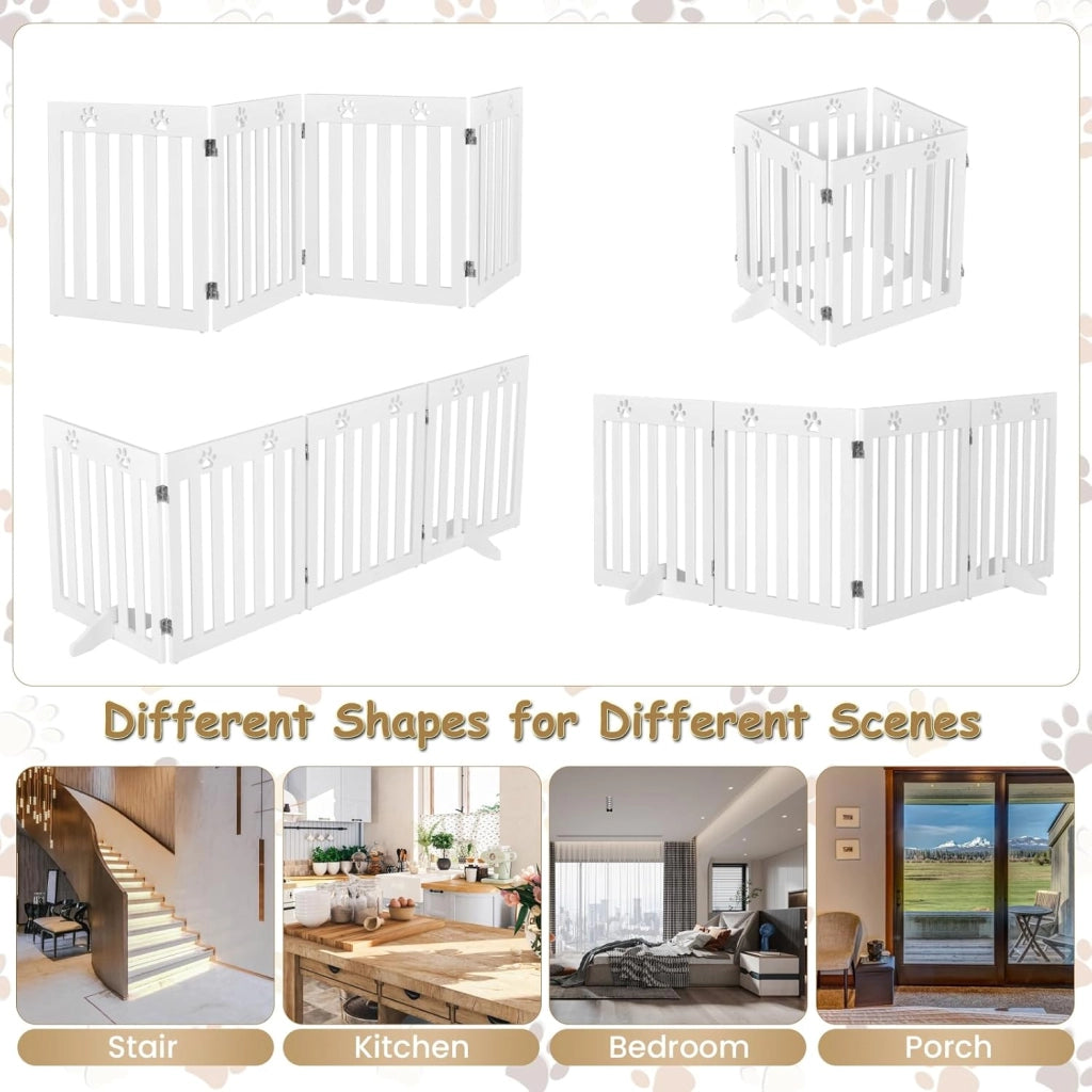 Cancelletto per Cani Pieghevoli 204 x 60 cm, Barriera per Cani in Legno a 4 Pannelli con Piedini Stabili, Recinzione per Scale, Ingressi e Corridoi (Bianco)