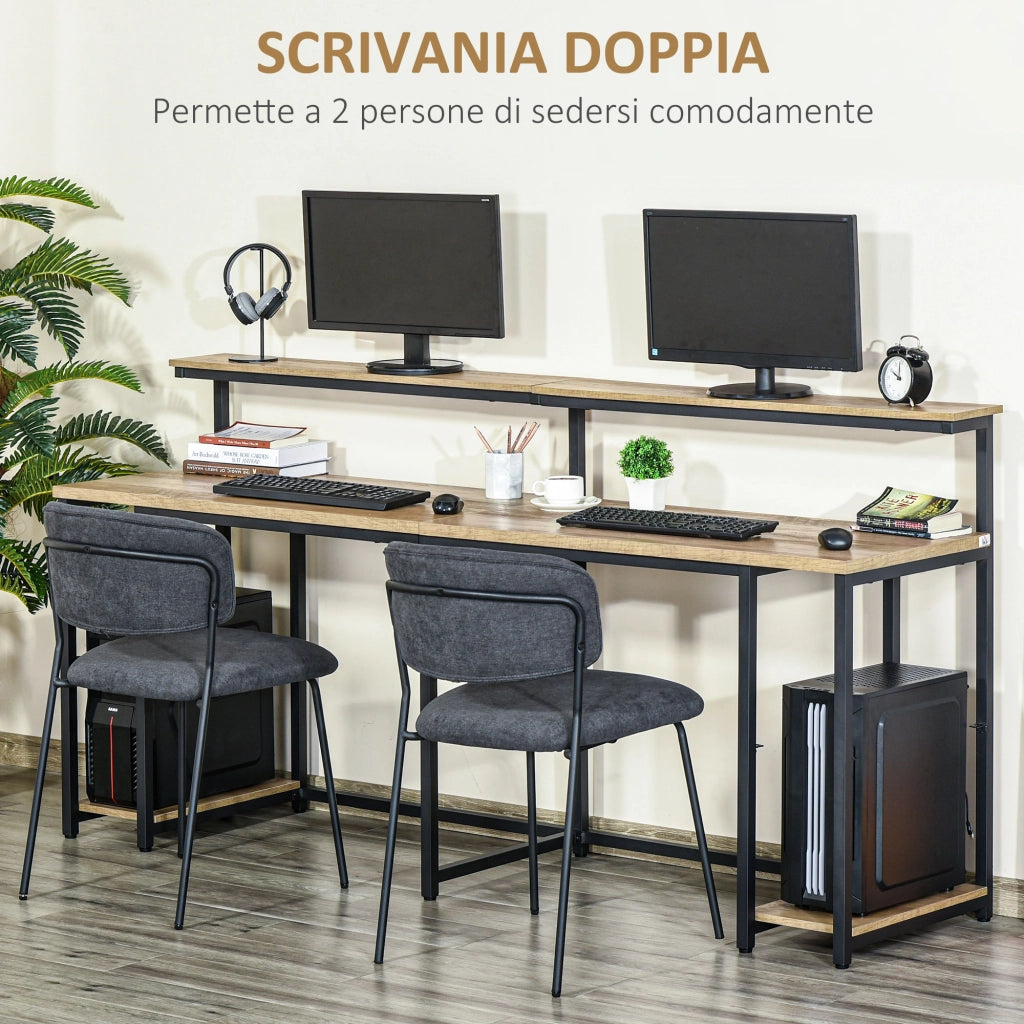 Scrivania doppia con libreria in metallo e legno ¨C Xylo ¨C nero marrone 200x53x100cm