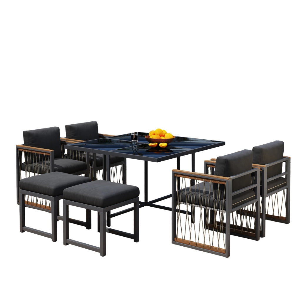 Set Tavolo e Sedie da Giardino 7 Pezzi per 6 Persone ¨C MINIMAL ¨C Piano in Vetro, Polyrattan e Legno