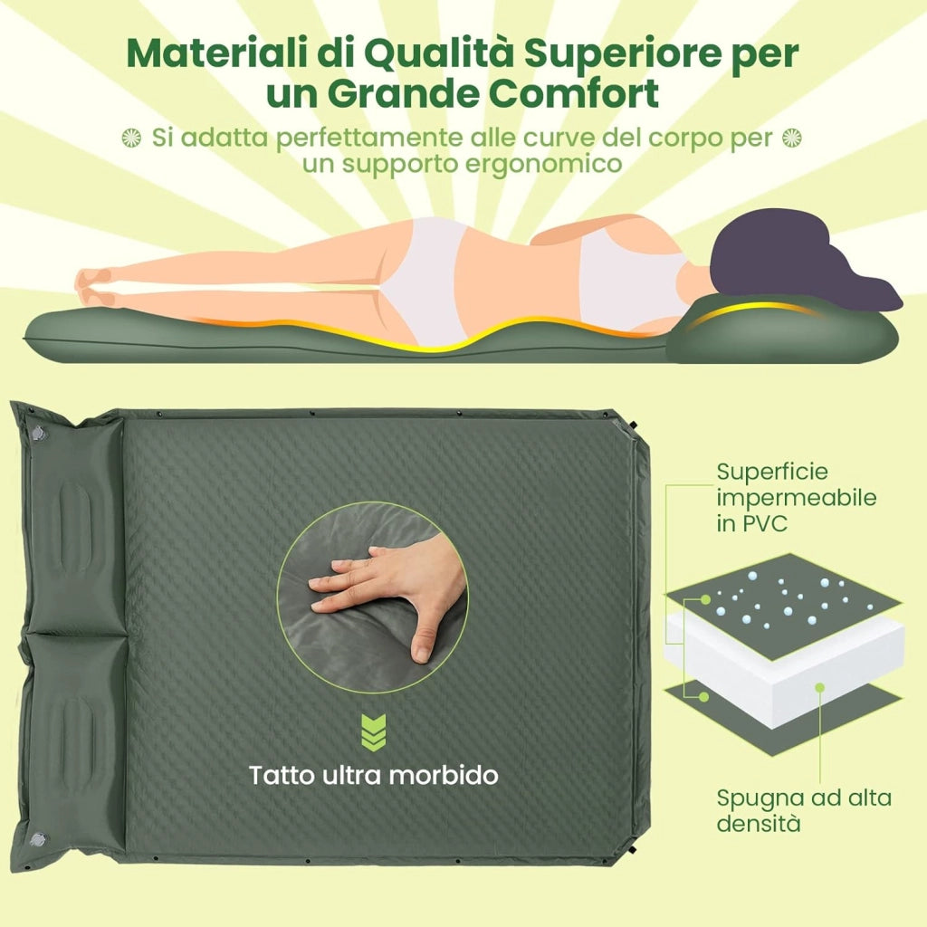 Materassino Campeggio Autogonfiabile per 2 Persone, Materassino da Campeggio Doppio con Cuscino, Veloce da Gonfiare e Sgonfiare, Impermeabile, per Spiaggia, Montagna e Campeggio (Verde Scuro)