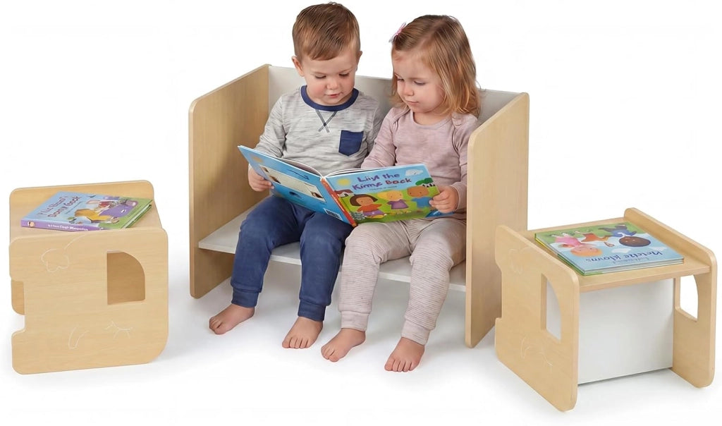 Set Tavolo e 2 Sedie per Bambini, Tavolo e Sedie Salvaspazio per Bambini 3+ Anni con Lavagna per Disegnare e Piedini Antiscivolo, per Camerette, Soggiorno e Studio (Naturale)