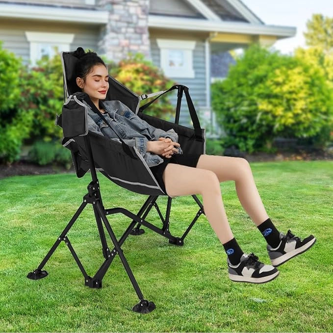 Sedia da Campeggio Amaca, Sedia a Dondolo Pieghevole con Portabicchieri, Schienale Regolabile, Poggiatesta, Sedile a Dondolo per Giardino, Patio, Prato, Portata 150 kg (Nero)