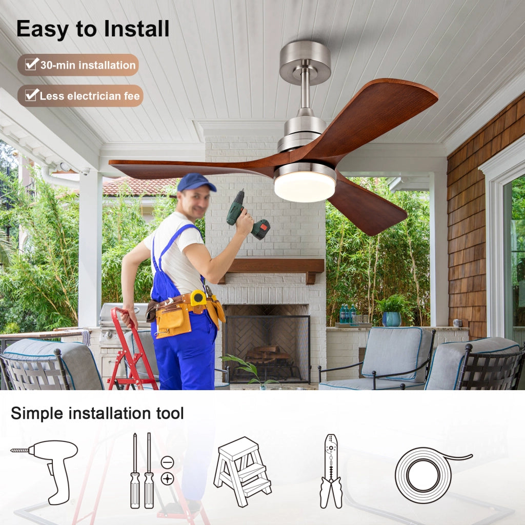 Ventilatore da soffitto in legno 42 pollici con luce e telecomando, per interni ed esterni, 3 pale legno, 3CCT dimmerabile, 6 velocit¨¤