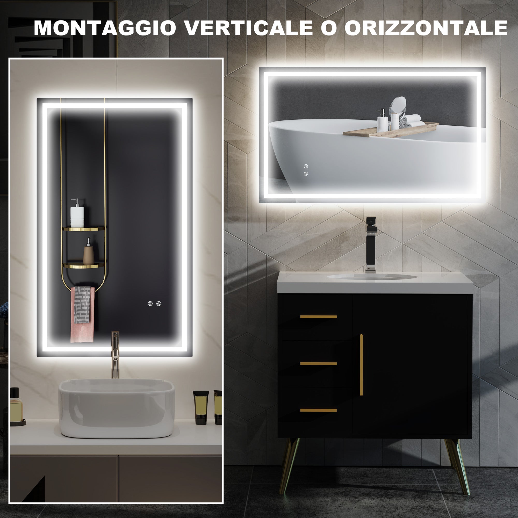 Specchio per Bagno con Luci LED a 3 Tonalità 100x3x60 cm Antiappannamento e Strato Antiurto