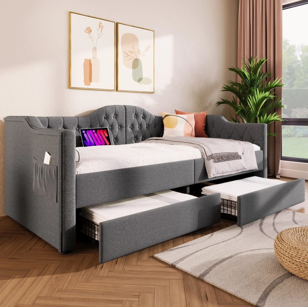 Letto singolo imbottito 90x190 cm grigio con USB-C e cassetti