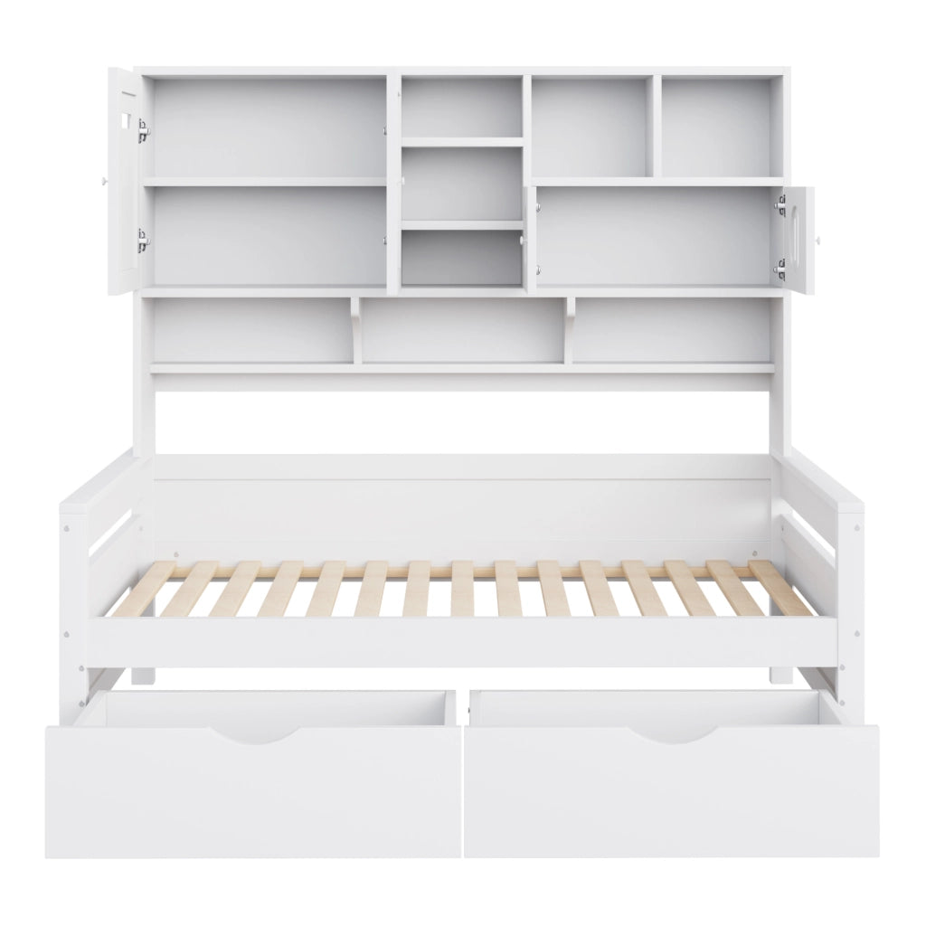 Letto singolo 90x200 cm con cassetti e vani contenitore in pino bianco
