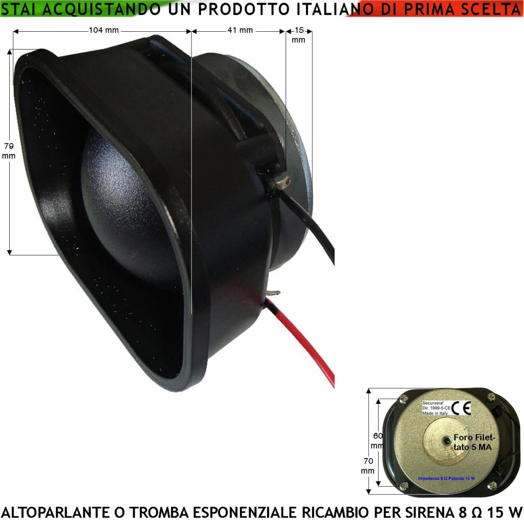 Altoparlante Magnetodinamico Tromba Esponenziale Impedenza 8 Ω Potenza 15 W Ricambio Sirene Antifurto Qualsiasi Marca Suoni Alta Frequenza da 1,3 ± 2 KHz 103 dB Magnete Ø 69 mm Misure L104XH79XP5 mm