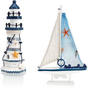 Decorazione Marittima - Nave a Vela in Legno e Faro - 2 pezzi - Blu - Legno