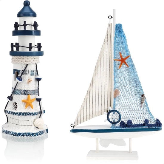 Decorazione Marittima - Nave a Vela in Legno e Faro - 2 pezzi - Blu - Legno