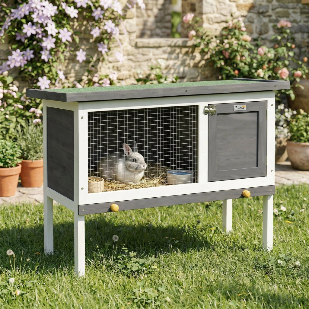 Casetta per conigli rialzata in legno con tetto apribile e cassetto estraibile ¨C Xylo ¨C 90x45x65 cm Grigio