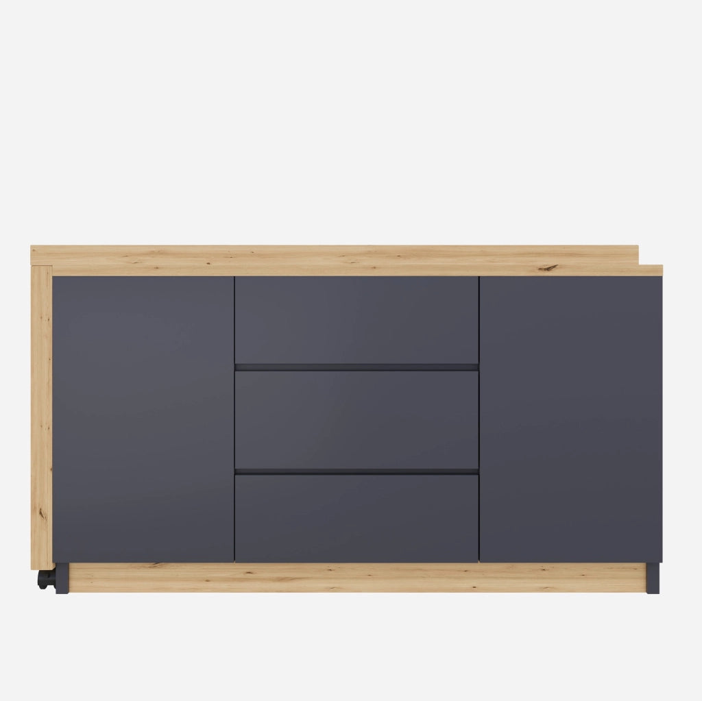 Scrivania girevole e pieghevole 120x50x76.5 cm con 2 porte e 3 cassetti in truciolato grigio e naturale