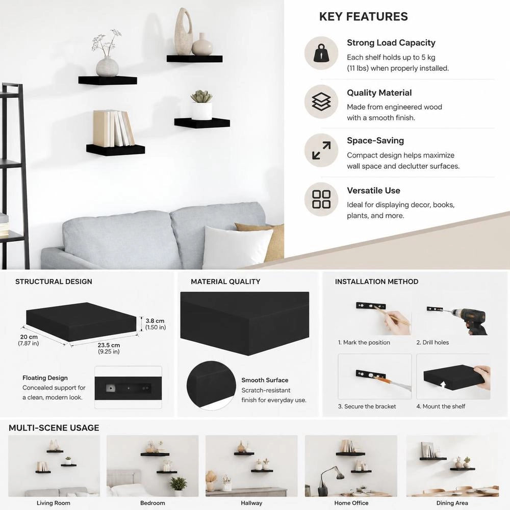 Floating Wall Shelves, 4 Pieces, Black, 23x23.5x3.8cm, MDF