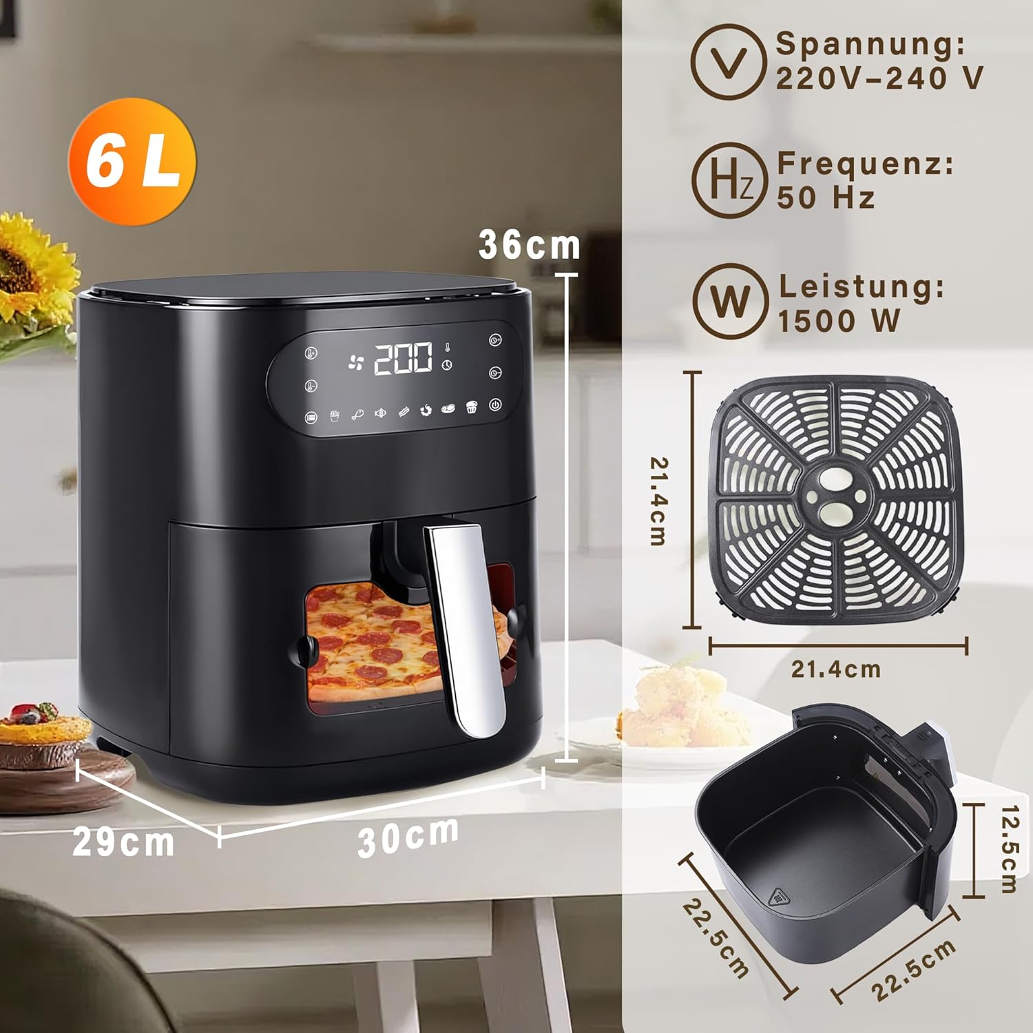 ZMH Friggitrice ad aria nera da 6 litri cestello singolo finestra di visualizzazione 7 programmi di cottura con timer