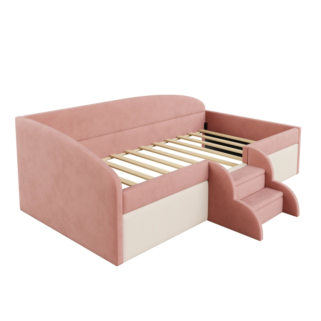 Letto per bambini 90 × 190 cm con scalini antiscivolo e sponda di sicurezza, senza materasso, velluto rosa e bianco crema