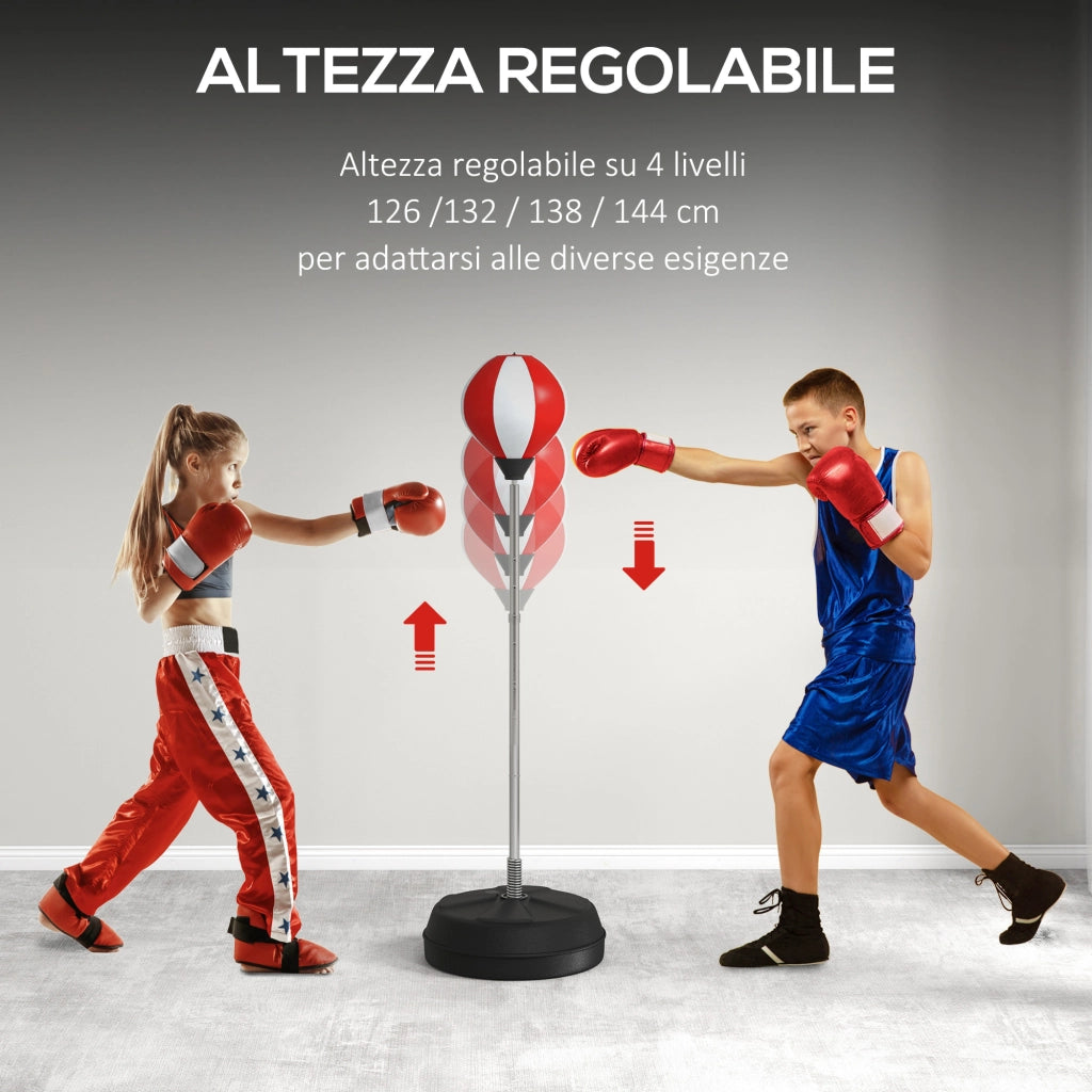Punching Ball da Terra ad Altezza Regolabile con Guantoni e Base Riempibile. 43x43x126-144 cm. Rosso e Bianco