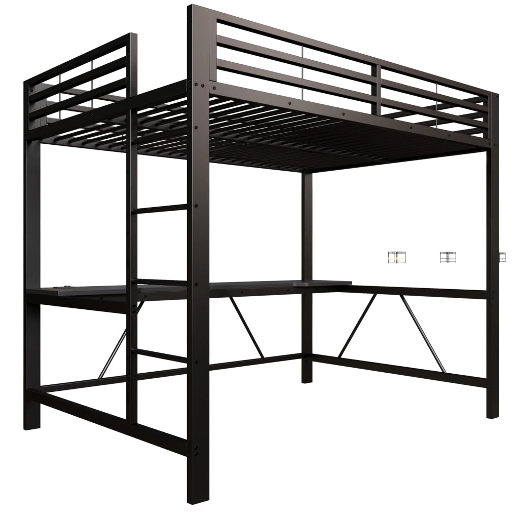 Letto a soppalco 140x200 cm con scrivania; LED e stazione di ricarica USB in metallo e MDF; nero