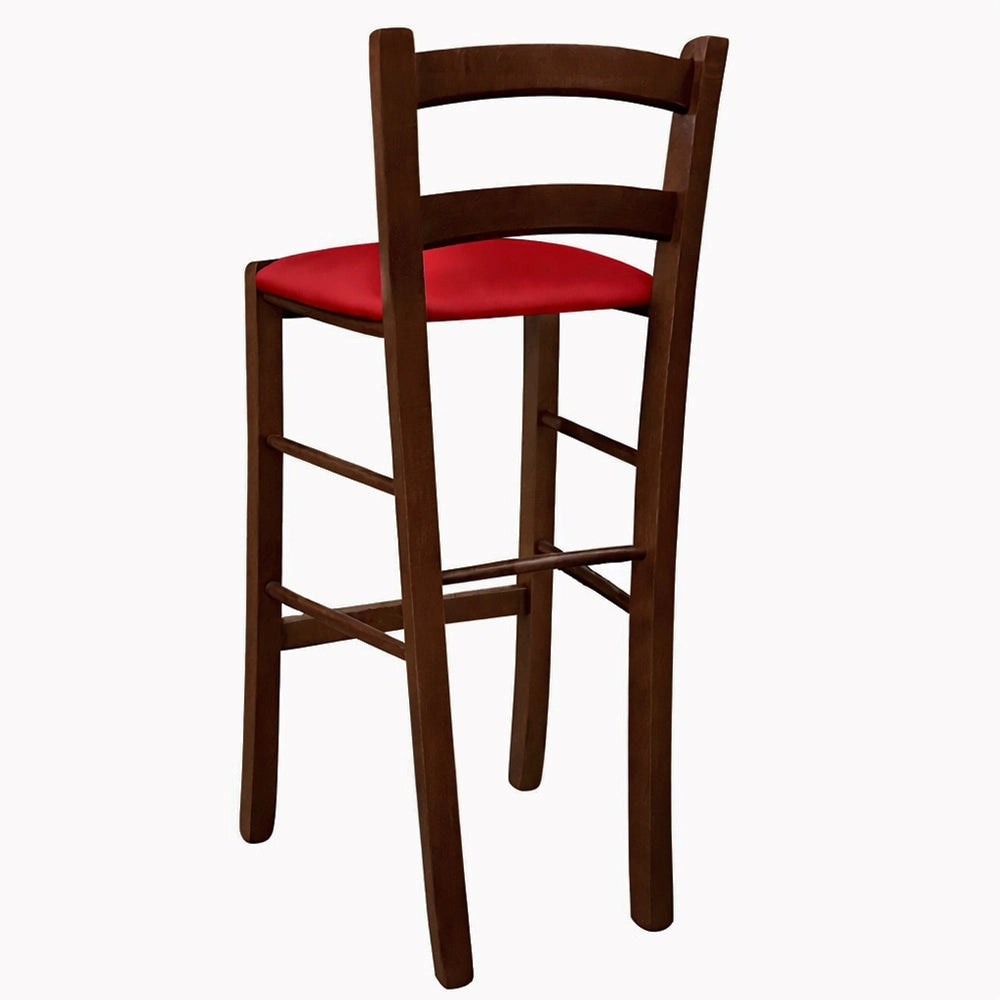 Sgabello in legno noce scuro h 67 cm con seduta imbottita in similpelle rossa