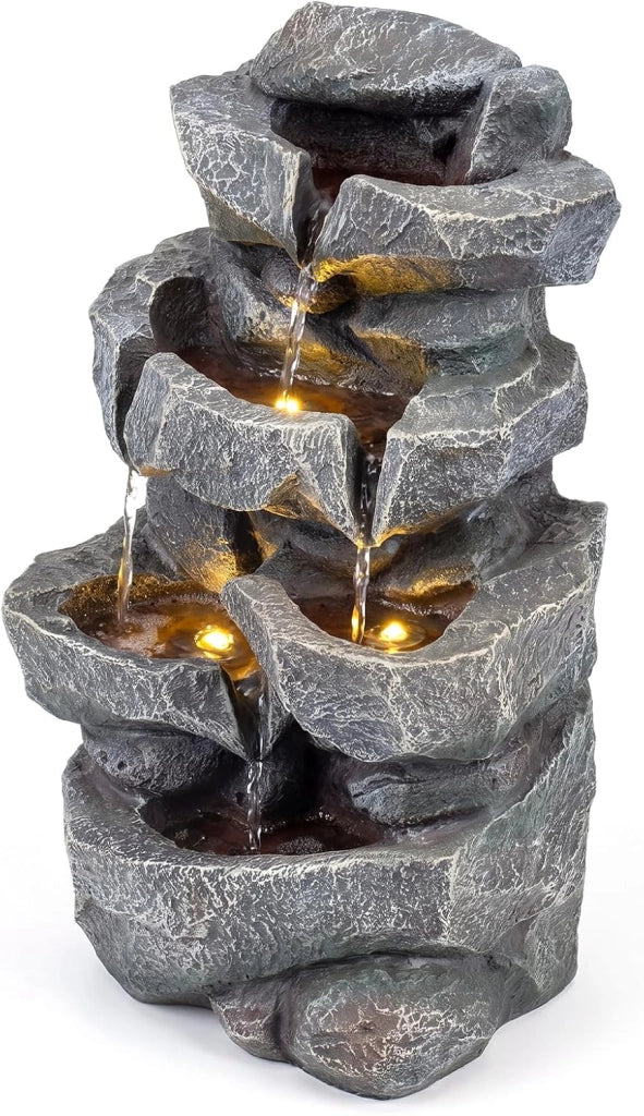 Fontana da Giardino a 5 Livelli con Luci e Flusso Regolabile | Fontanella Cascata Elettrica a Forma di Roccia con Effetto di Pietra da Terrazza e Balcone