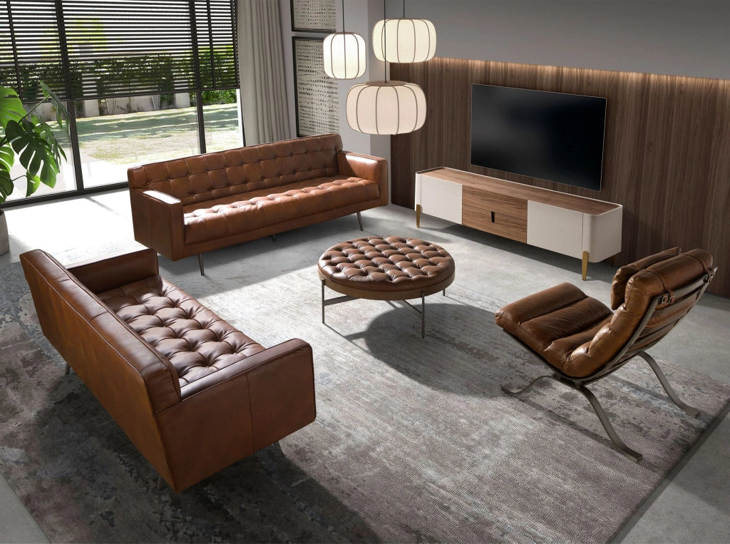 Porta TV in legno beige, acciaio lucido dorato e piano in noce