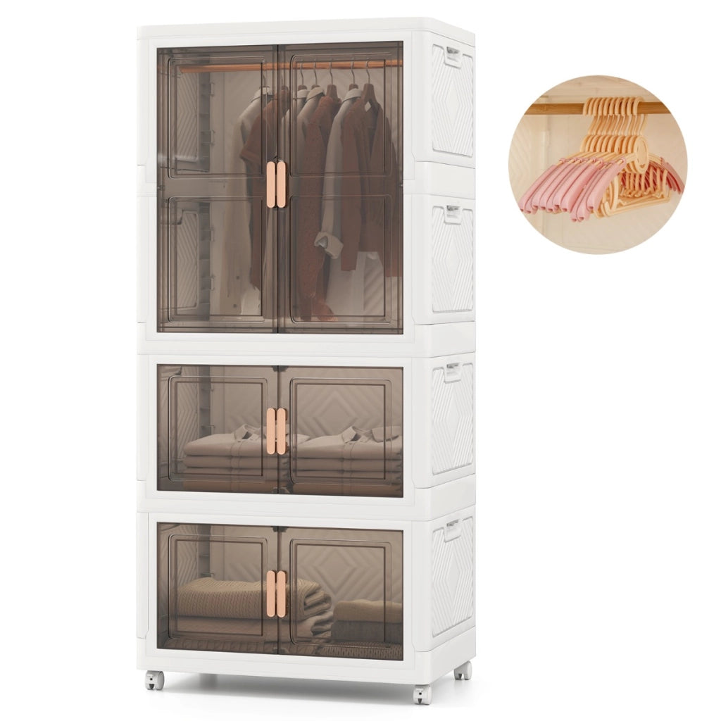 Contenitori di stoccaggio 421 l con coperchio, Organizzatore di armadio portatile in plastica con 10 appendini Bianco + Marrone