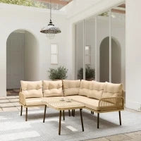 Salotto da Giardino in Rattan 2 Divanetti e Poltrona Angolare con Cuscini, Tavolino in Vetro, Colore Legno