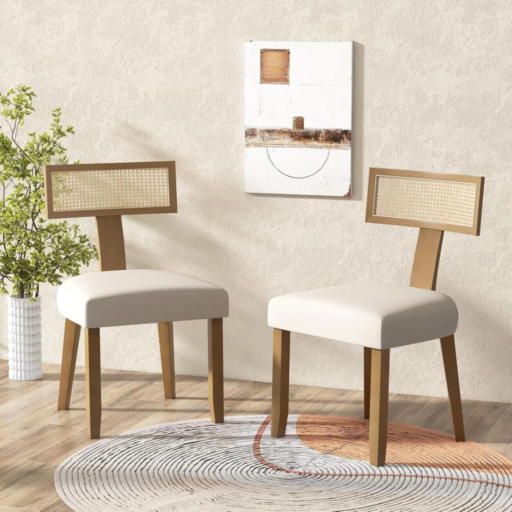Set di 2 Sedie da Pranzo Imbottita, Sedia con Sedile Comodo, Schienale Curvo in Rattan e Piedini Antiscivoli per Soggiorno, Sala da Pranzo e Studio, Portata 180 kg (Beige)