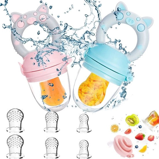 Fruitzuiger per bambini, 2 pezzi di coppe per alimentare i bambini da 3 mesi, versione aggiornata 2022, coppe per alimentare, succhiapappa, coppe per alimentare i bambini, in materiale BPA-free, 8 succhiatori in silicone in 3 dimensioni