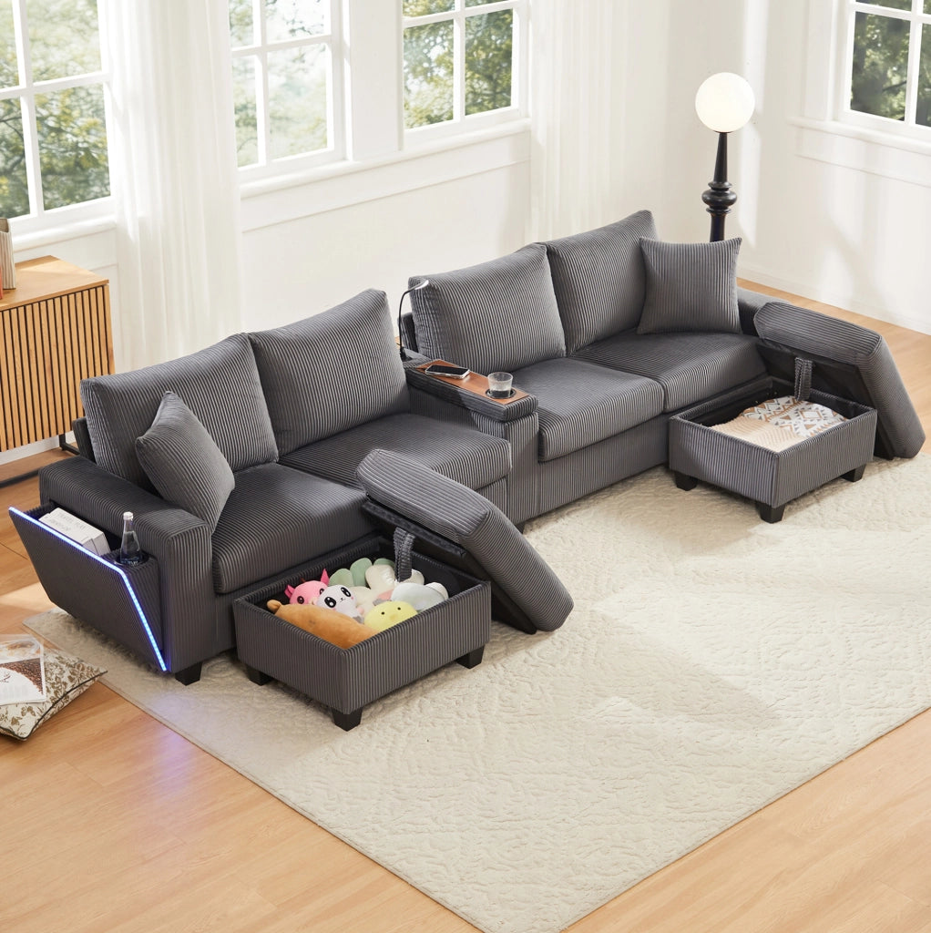 Divano a U in velluto a coste grigio con 2 pouf contenitore; USB Type-C; lampada e LED