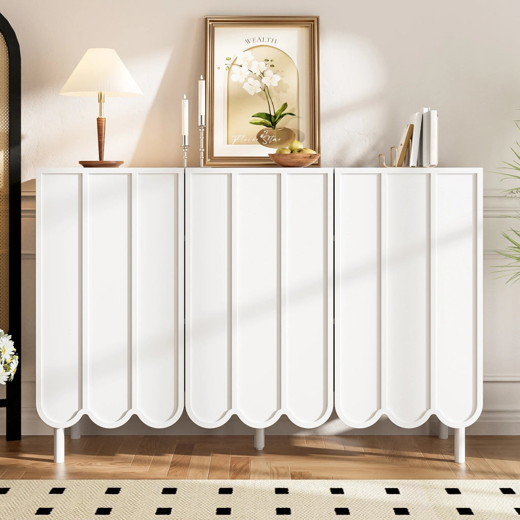 Credenza con 2 Ante Ondulate senza Maniglie; Ripiani Regolabili; Stile Moderno; in MDF; 120??35??80 cm; Bianco