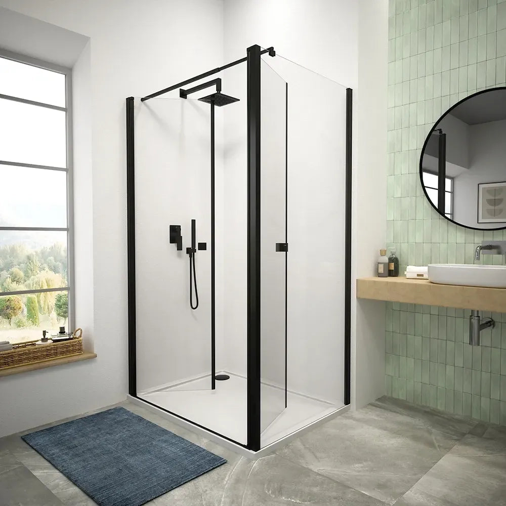Box doccia 80x80 cm porta saloon e parete fissa profili nero opaco e vetro da 8mm trasparente h195 | Fiji