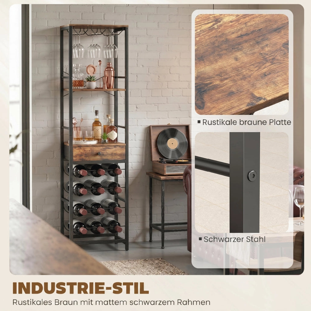 Armadio da bar con cassetto ¨C zephmum ¨C 12 bottiglie, rustico marrone