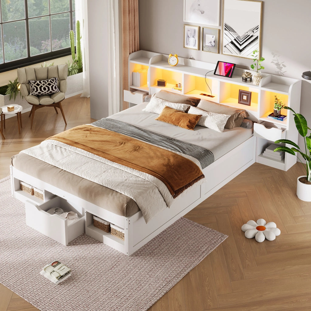 Letto a piattaforma 140x200 cm con vani portaoggetti e LED in MDF e compensato bianco