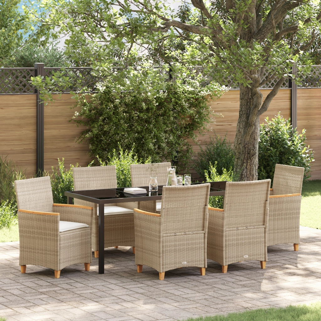 Set da Pranzo da Giardino da 7 Pezzi con Cuscini Beige in Rattan Poly