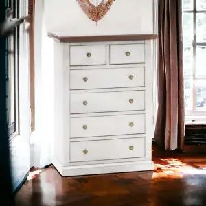 cassettiera cinquino in legno Shabby chic bicolore bianco anticato e noce ante liscie