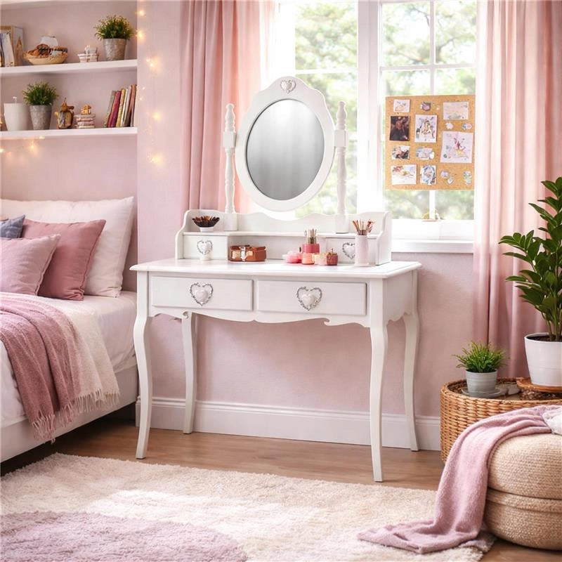 MA MAISON TOELETTA BIANCA IN LEGNO 75X40X70 CM CON SPECCHIO E 4 CASSETTI A CUORE, VANITY TABLE SHABBY CHIC PER CAMERETTA
