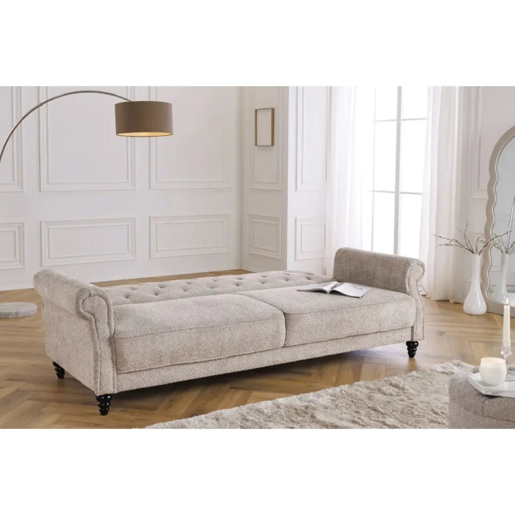 Divano trasformabile MILES beige – Divano classico in tessuto bouclé con struttura in legno massiccio