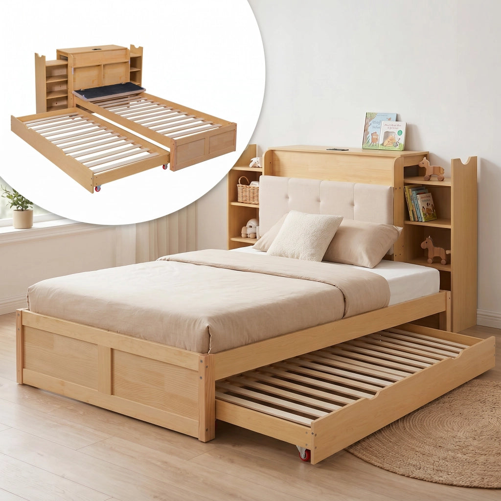 Letto estraibile 90 × 200 cm e 180 × 200 cm con ripiani laterali, presa USB et contenitore testiera, senza materasso, in legno ingegnerizzato, naturale
