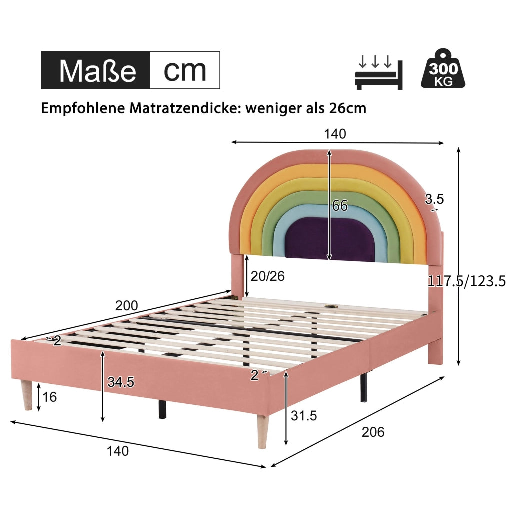 Letto imbottito 140x200 cm in velluto rosa con rete a doghe, testiera regolabile e struttura robusta