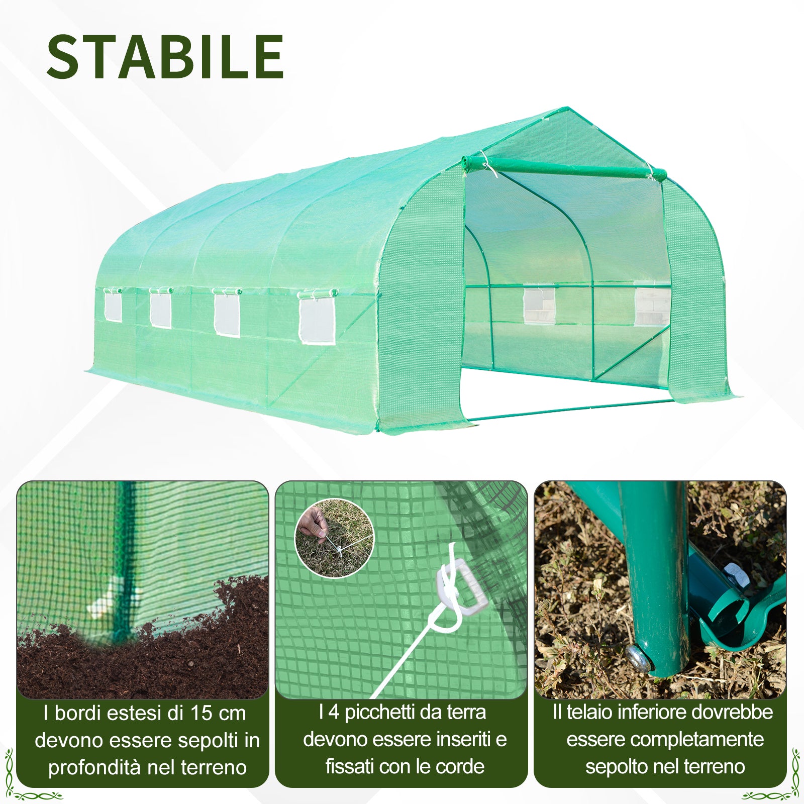 Easycomfort Serra a Tunnel con 8 Finestrelle Laterali e Ingresso Avvolgibile, in PE e Acciaio, 6x3x2 m, Verde