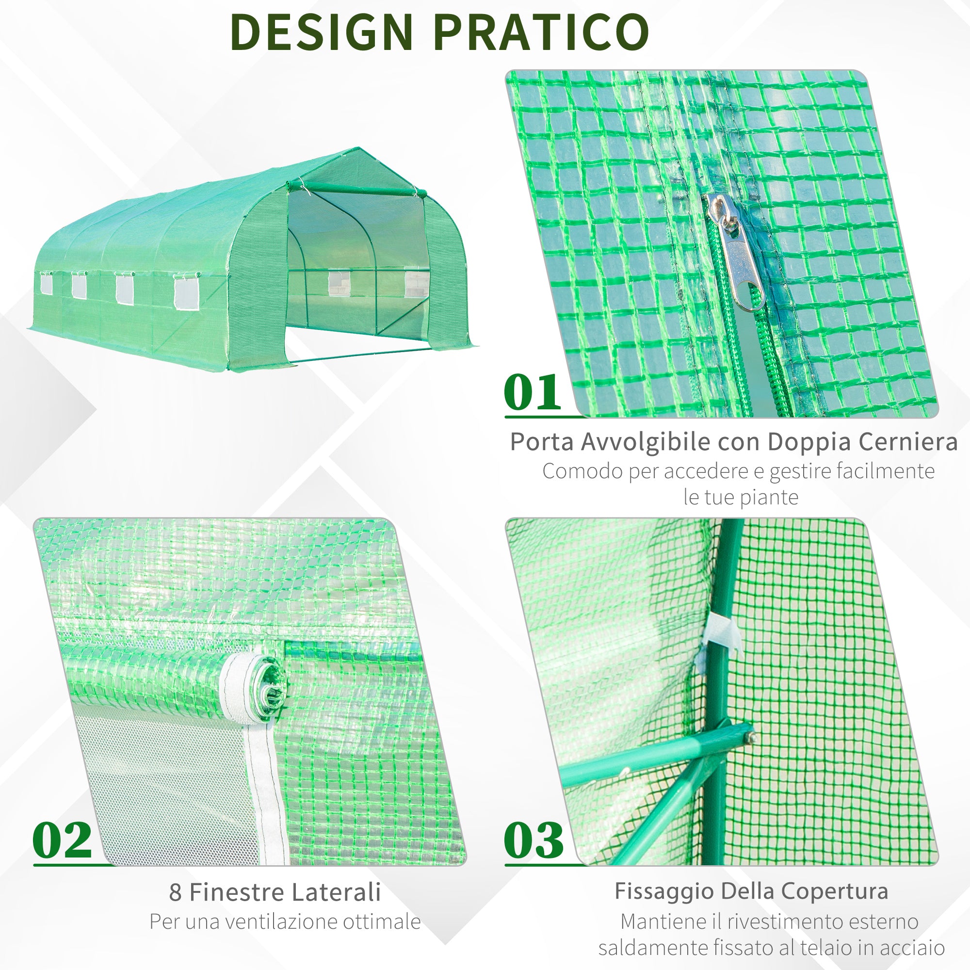 Easycomfort Serra a Tunnel con 8 Finestrelle Laterali e Ingresso Avvolgibile, in PE e Acciaio, 6x3x2 m, Verde