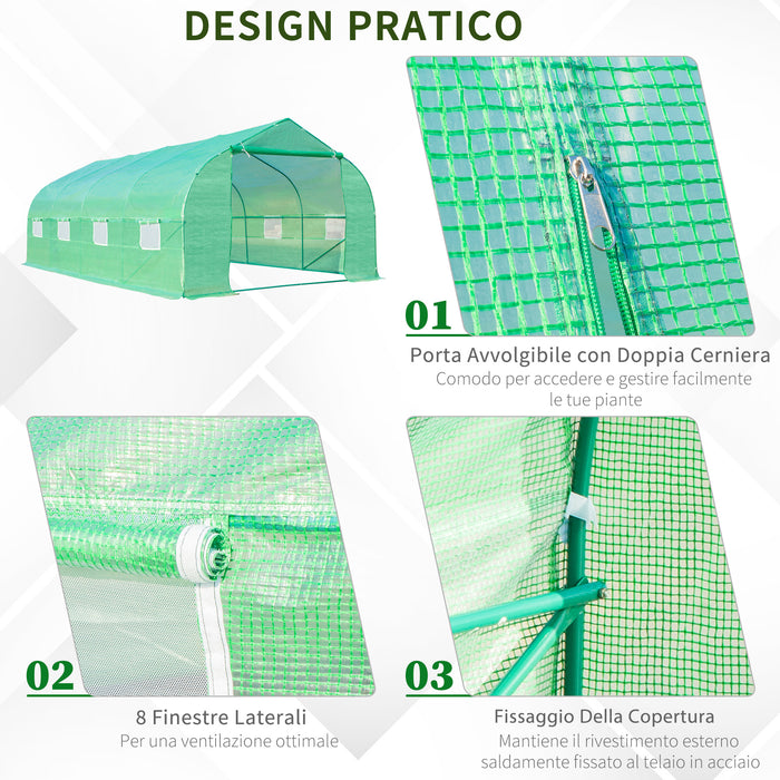 Easycomfort Serra a Tunnel con 8 Finestrelle Laterali e Ingresso Avvolgibile, in PE e Acciaio, 6x3x2 m, Verde