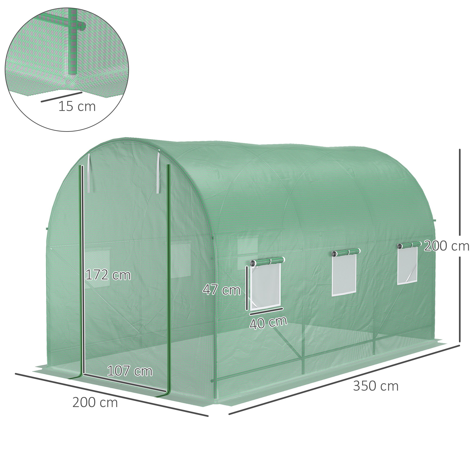 EasyComfort Serra per Orto a Tunnel 3.5x2x2m in PE e Metallo con 6 finestre e Porta Avvolgibile, Verde