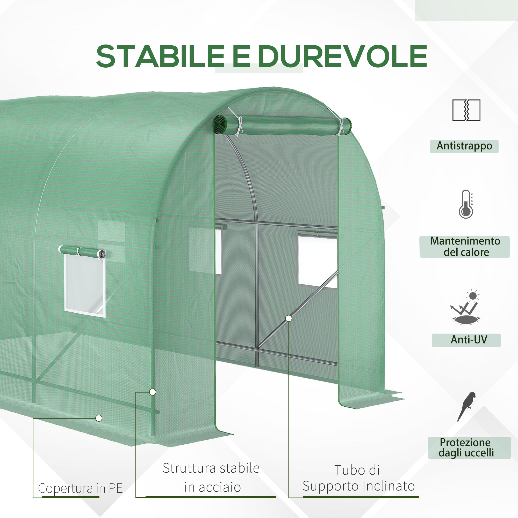 EasyComfort Serra per Orto a Tunnel 3.5x2x2m in PE e Metallo con 6 finestre e Porta Avvolgibile, Verde
