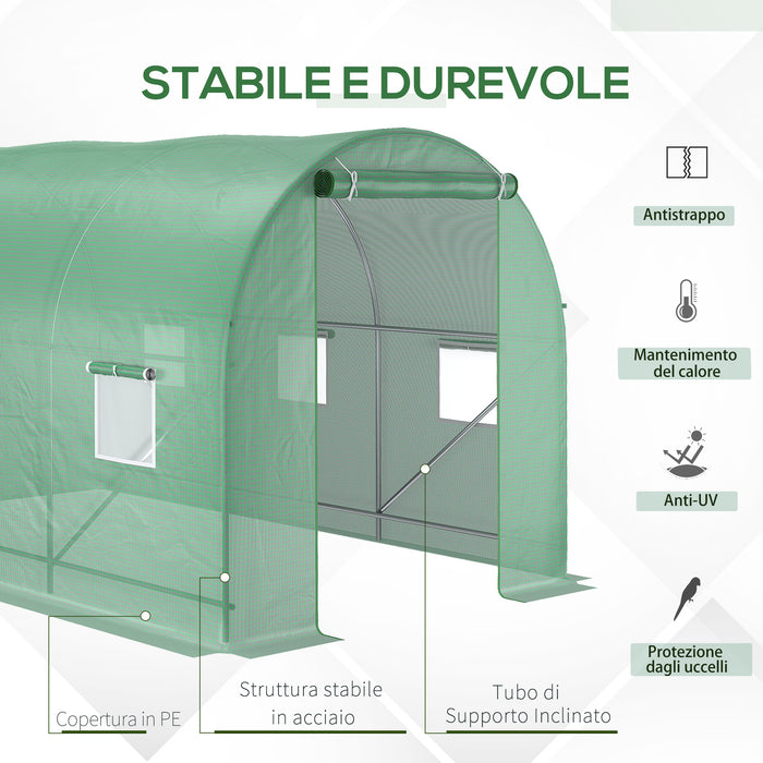 EasyComfort Serra per Orto a Tunnel 3.5x2x2m in PE e Metallo con 6 finestre e Porta Avvolgibile, Verde